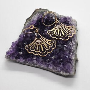 Gold Fan Floral Flower Tribal Hoop Earrings 1.75"